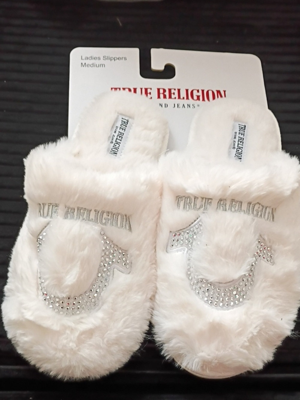 True Religion Kids' Plush Faux-Fur Slippers in  White and Silver